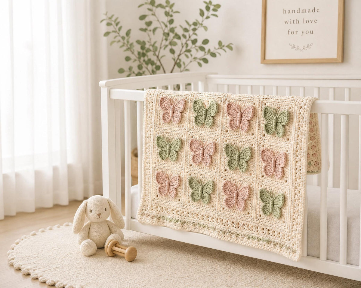 Butterfly Meadow Blanket Crochet Pattern | Granny Square Throw PDF | Dimensional Butterfly Appliqué