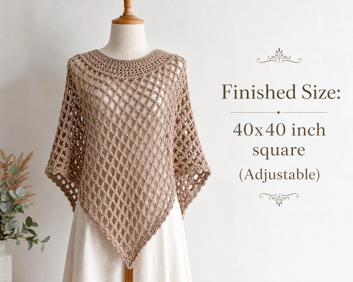 Diamond Mesh Poncho Crochet Pattern - One-Square Lace Poncho PDF - Confident Beginner Intermediate Instant Download