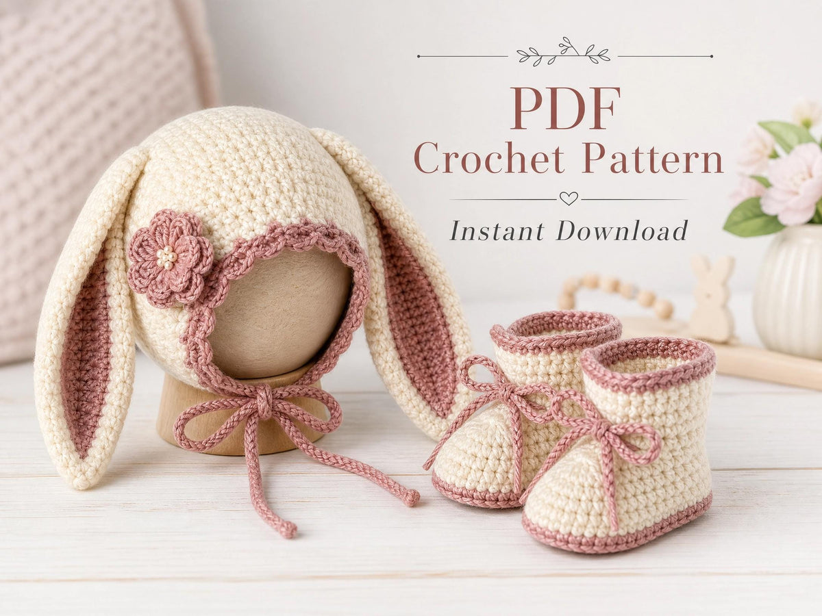 Bunny Baby Bonnet Booties Crochet Pattern, Newborn Photo Prop, Beginner PDF