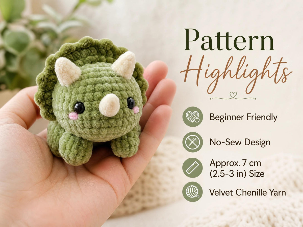 3-in-1 Dinosaur Crochet Pattern PDF | Mini Triceratops, Ankylosaurus & Dragon Amigurumi | No-Sew Plush | Instant Download