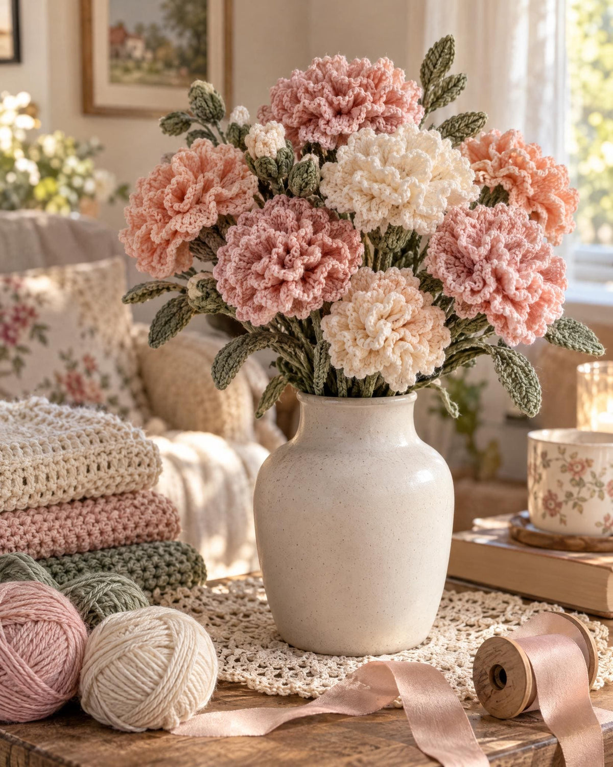 Ruffled Carnation Posy Crochet Pattern PDF, Beginner Flower Bouquet Tutorial, Crochet Carnation, Leaf and Stem Pattern, Digital Download