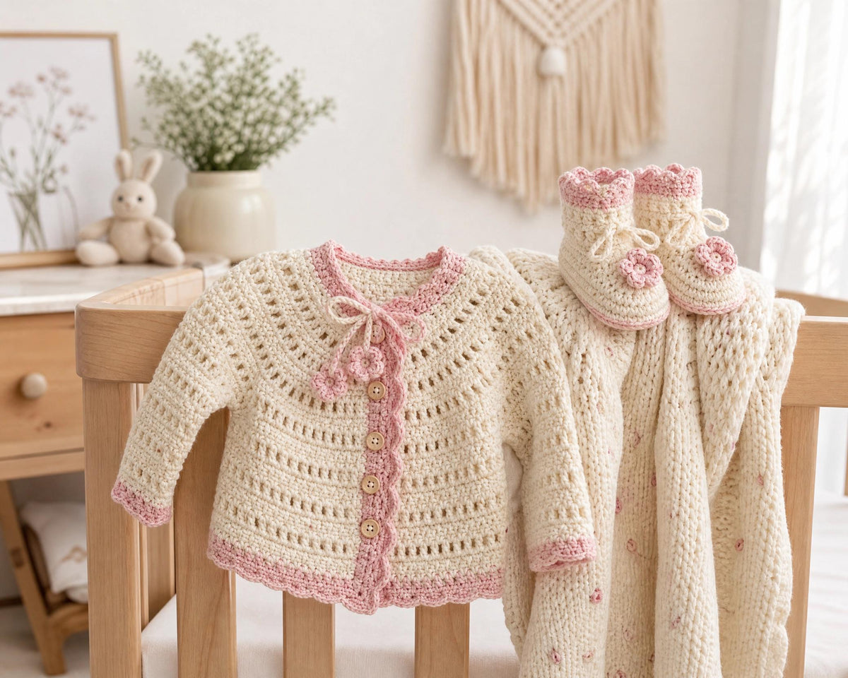 Beginner Crochet Baby Cardigan & Booties Pattern | Cherry Blossom Sweater Set (PDF Download)