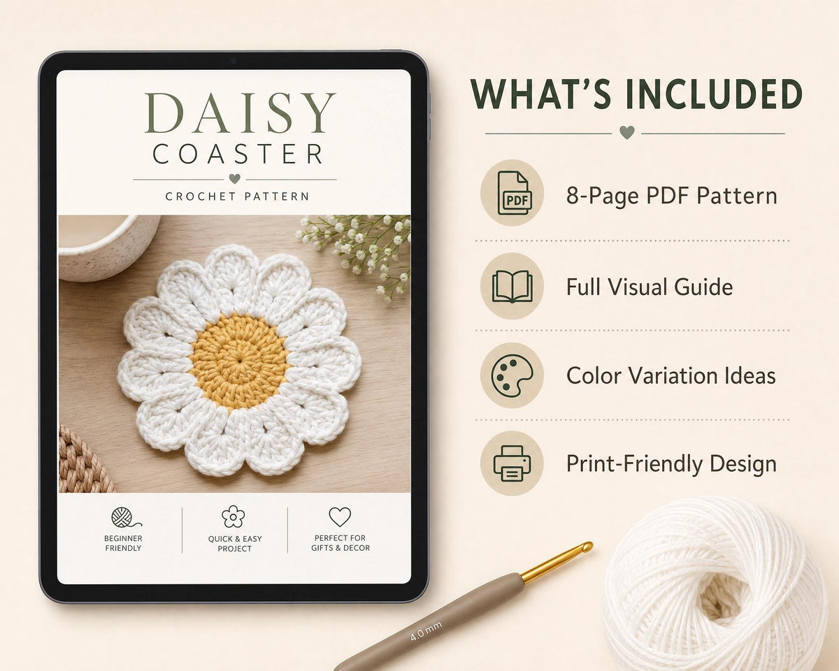 Daisy Coaster Crochet Pattern – Beginner Flower Coaster PDF (Instant Download)