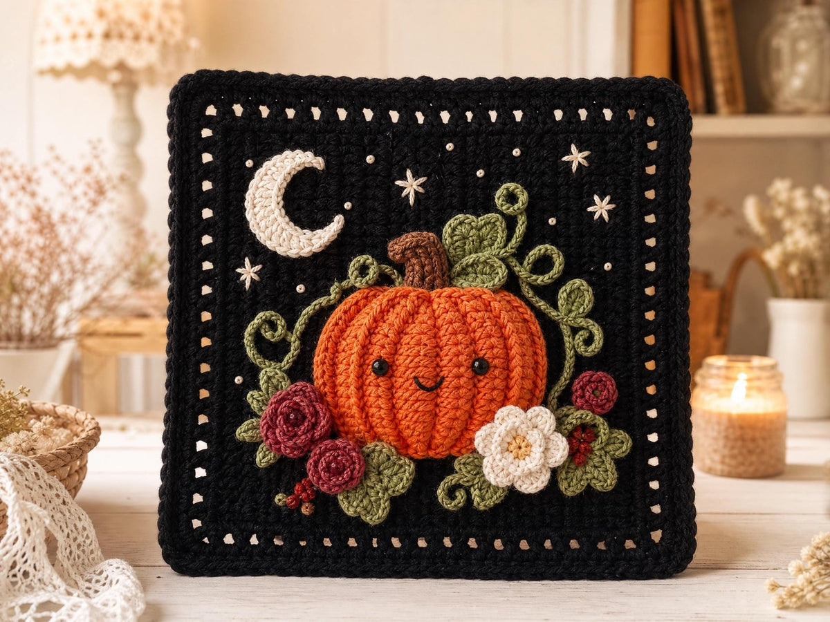 Midnight Pumpkin Patch Crochet Square Pattern | Beginner Friendly Fall Decor (PDF Download)