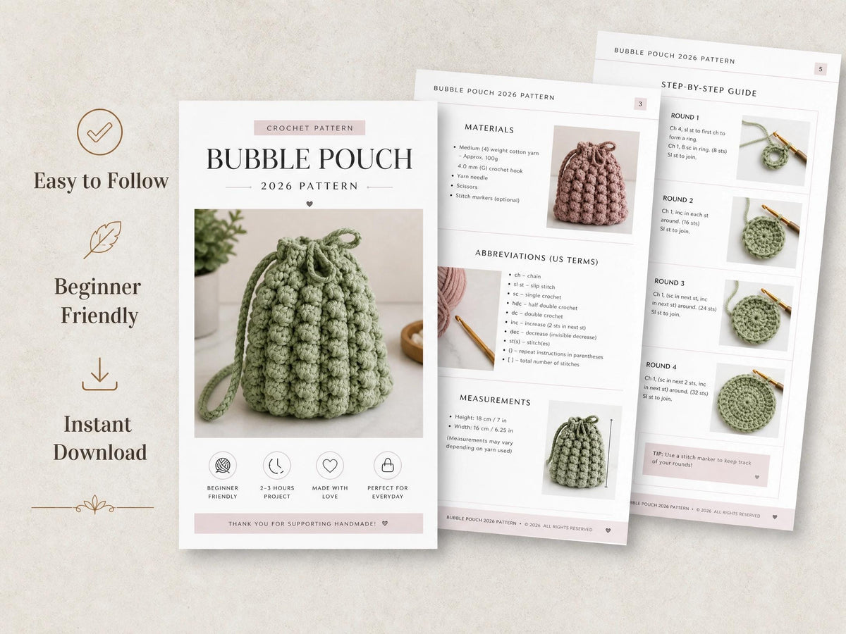 Beginner Crochet Pouch Pattern | Textured Bobble Stitch Bag (PDF Download)