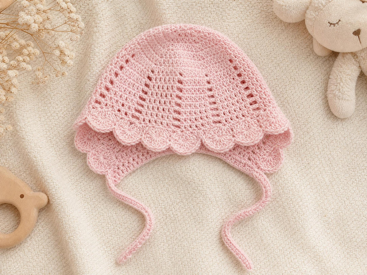 Crochet Baby Bonnet Pattern, Scallop Sun Hat, Newborn Crochet PDF (Instant Download)