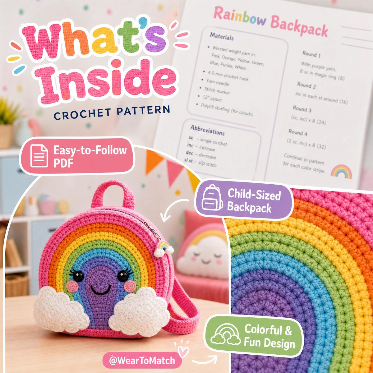 Rainbow Backpack Crochet Pattern | Child Bag PDF, Amigurumi Style Clouds