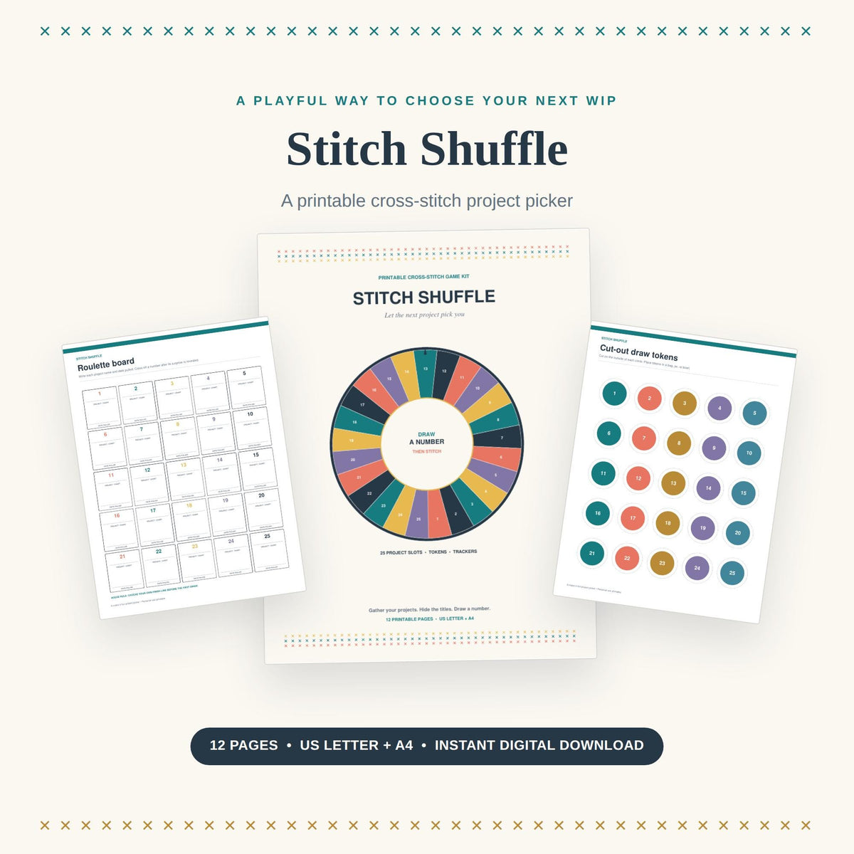 Stitch Shuffle Cross Stitch Project Picker Printable Game: 25 Tokens, Labels, Bingo, Log, US + A4