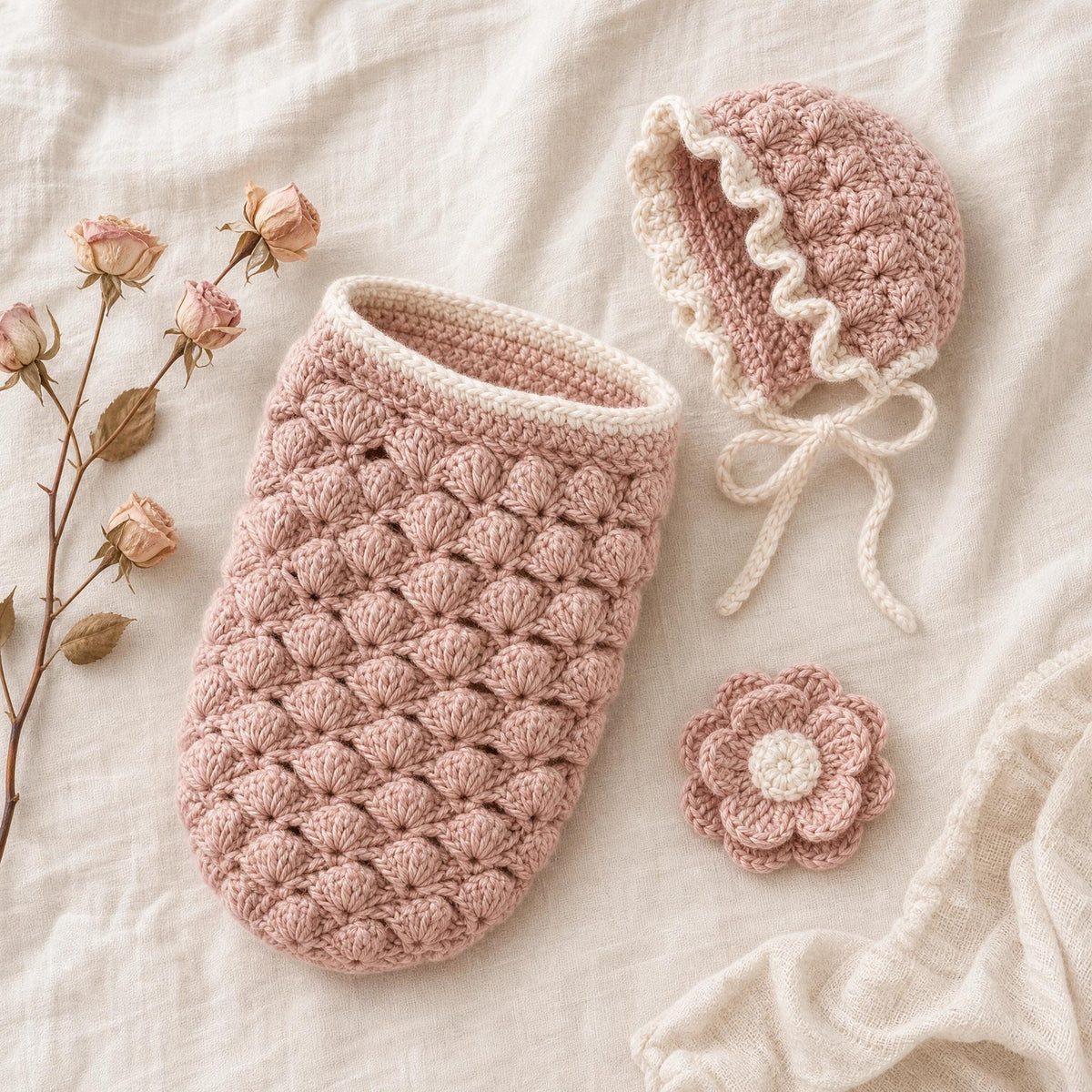 Rose Petal Newborn Crochet Cocoon and Bonnet Pattern (PDF Download)