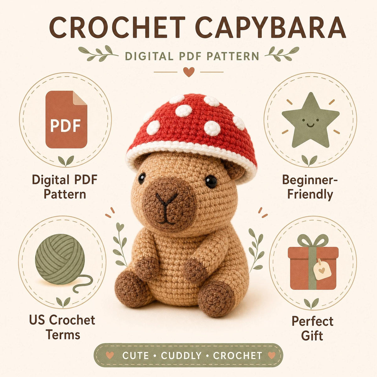 Crochet Capybara Pattern | Mushroom Hat Amigurumi PDF (Digital Download)
