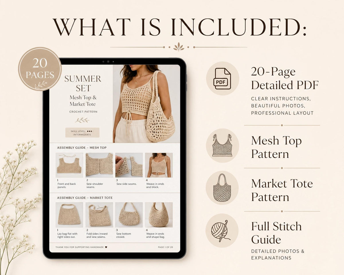 Coastal Crochet Set Pattern | Mesh V-Neck Top & Market Tote Bag PDF | Summer Beachwear Digital Download