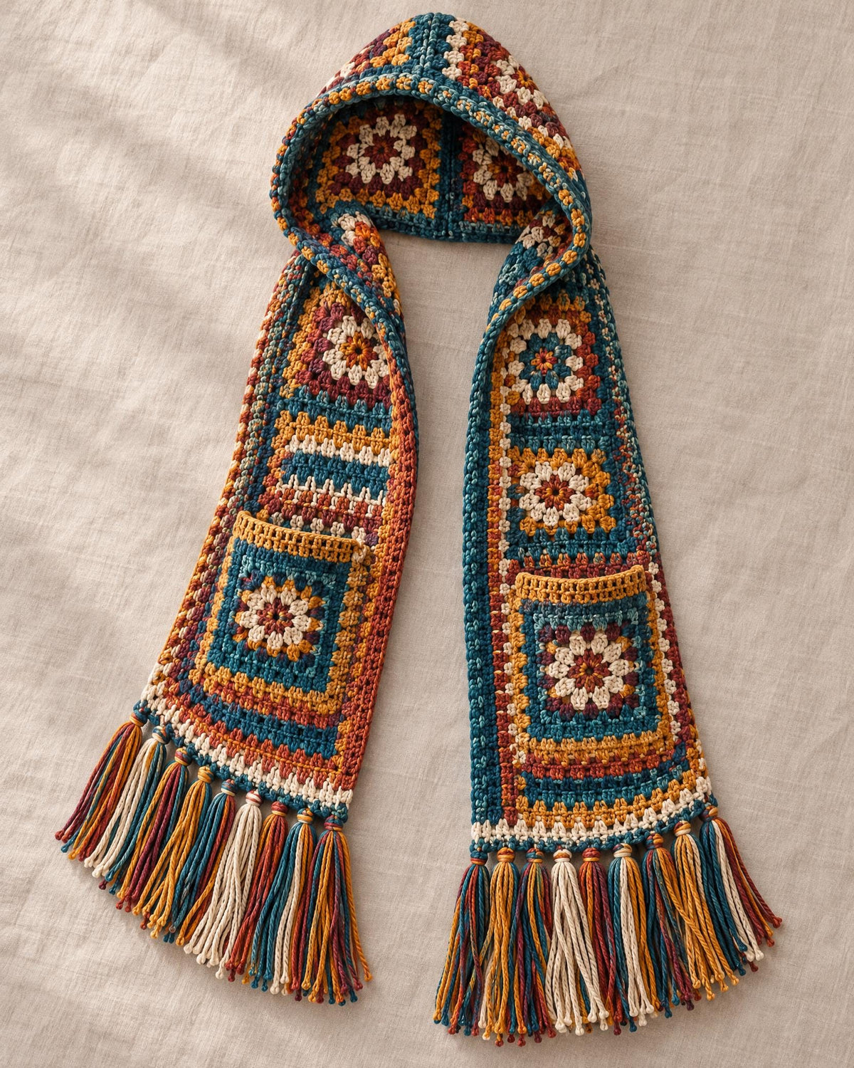 Crochet Hooded Scarf Pattern: 32 Granny Squares, Pockets, Tassel Fringe (Digital Download)