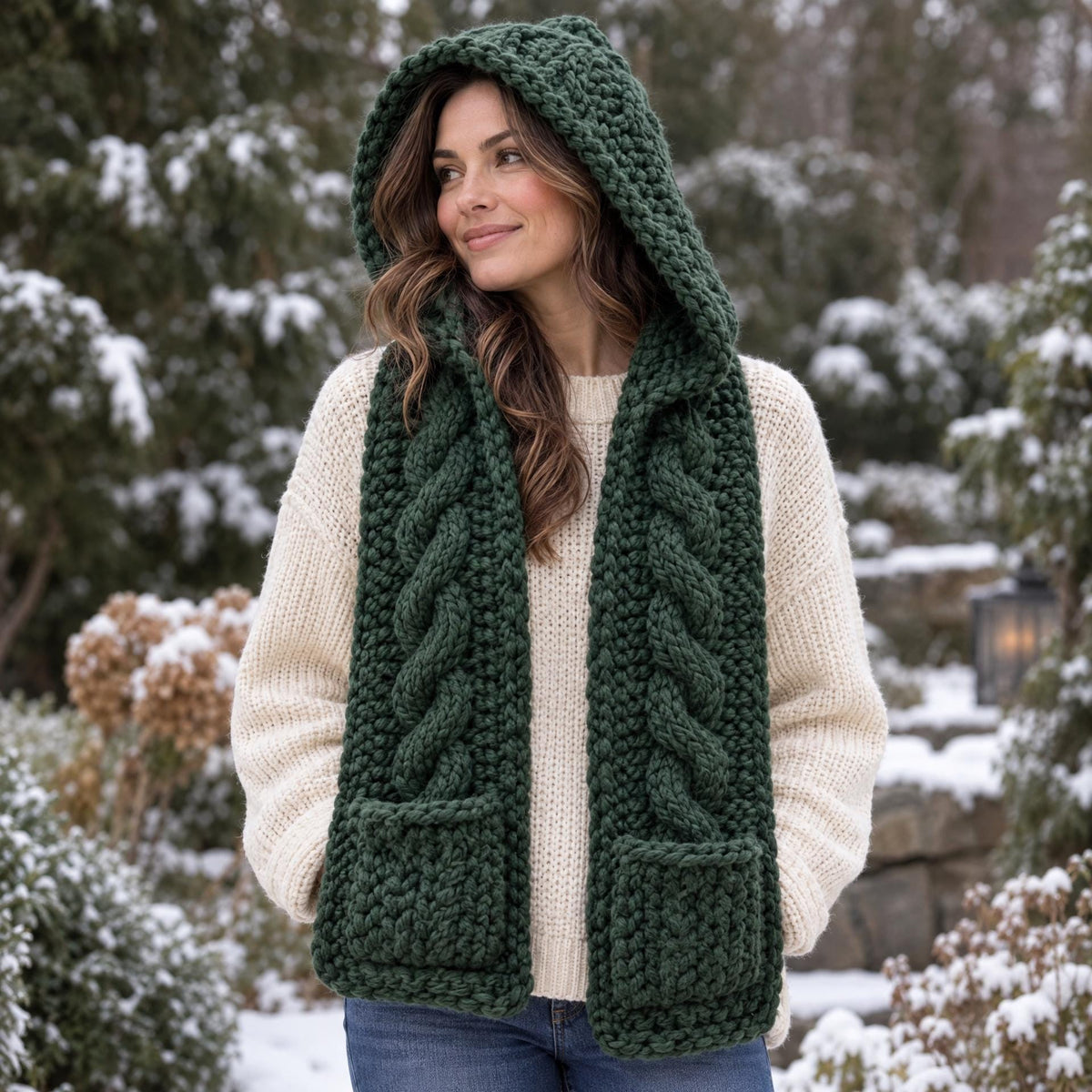 Evergreen Cable Hooded Scarf Pattern: Crochet PDF for Adults
