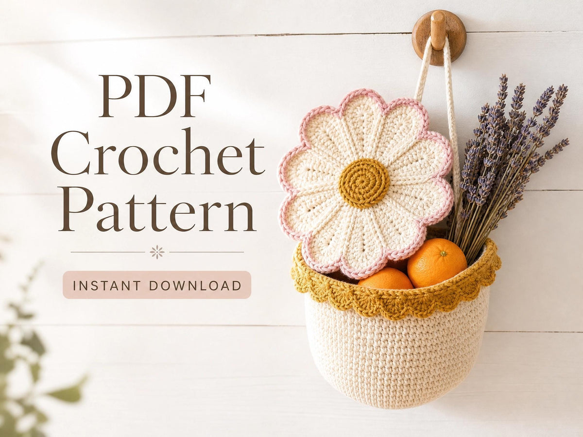 Daisy Hanging Basket Crochet Pattern | Flower Fruit Basket Wall Pouch PDF