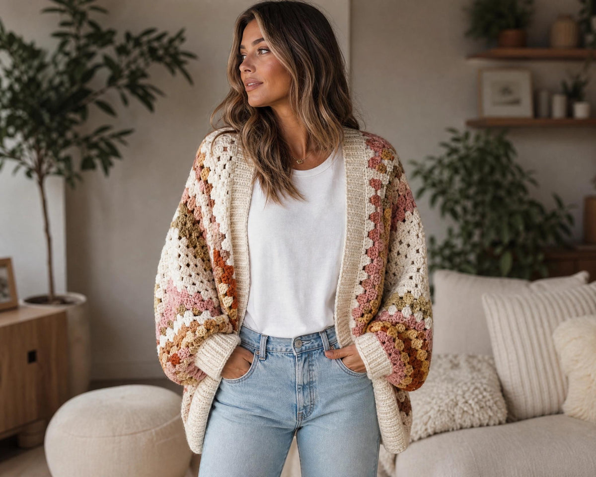 Sunset Fields Granny Square Cardigan Crochet Pattern | Oversized Boho Coat (PDF Download)