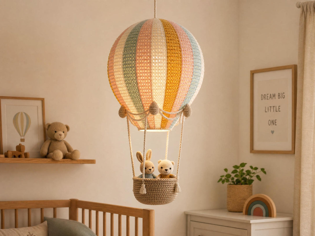 Rainbow Hot Air Balloon Crochet Pattern – Beginner Amigurumi Lamp & Mobile PDF