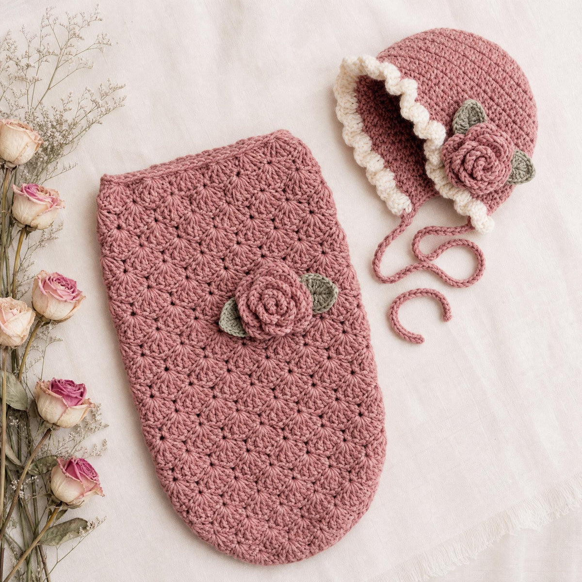 Rose Petal Newborn Crochet Cocoon and Bonnet Pattern (PDF Download)