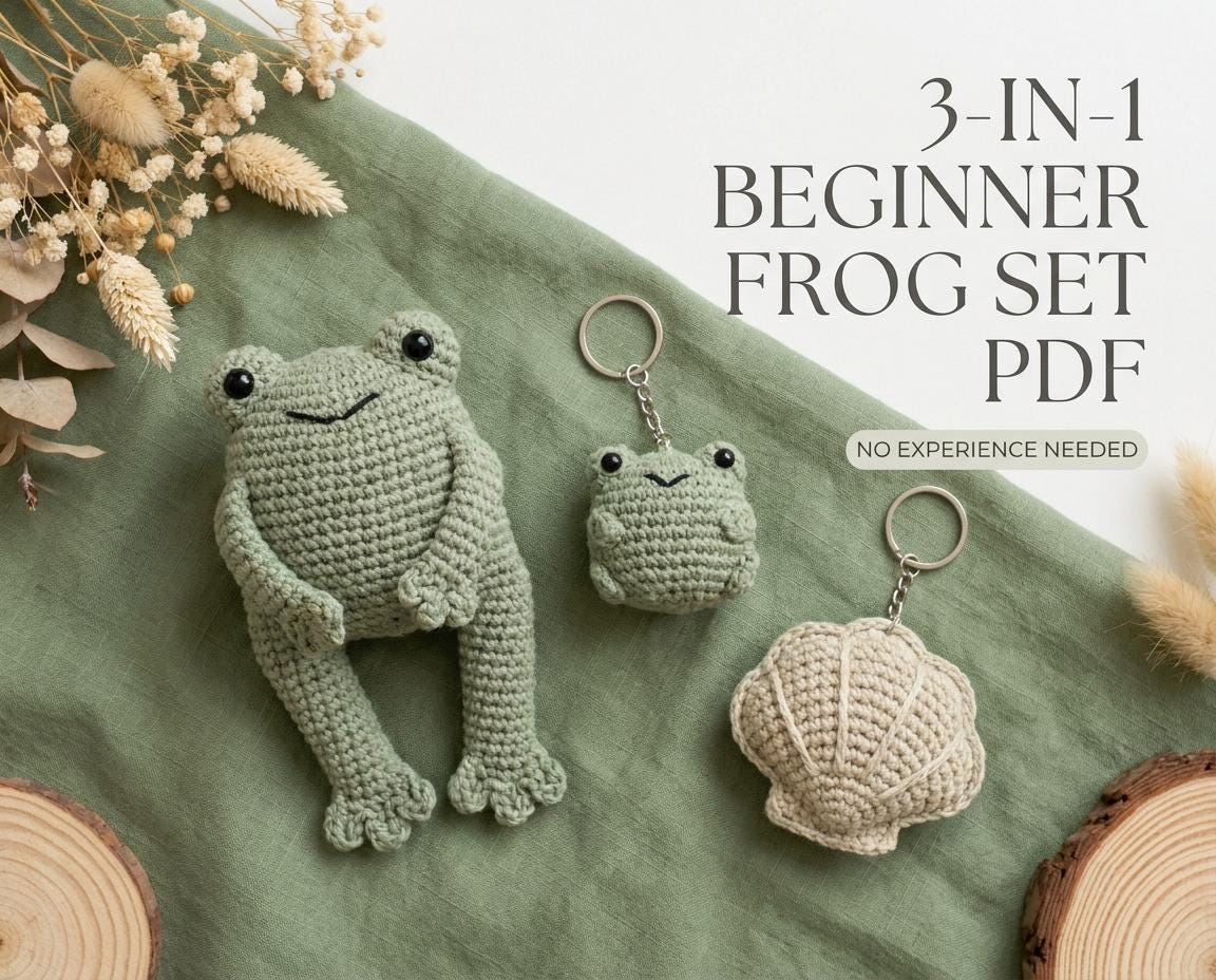 Beginner Crochet Frog Pattern PDF, Sitting Frog, Mini Keychain, Shell Charm (Digital Download)