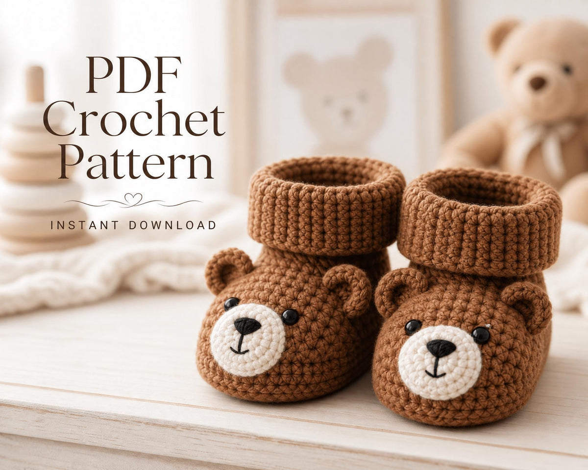 Baby Bear Booties Crochet Pattern, Beginner Friendly, 3 Sizes, Embroidered Face (PDF Download)