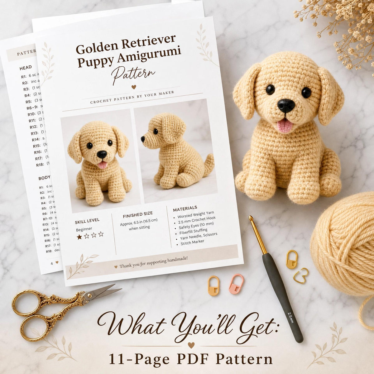 Golden Retriever Puppy Amigurumi Crochet Pattern | Beginner Friendly (PDF Download)