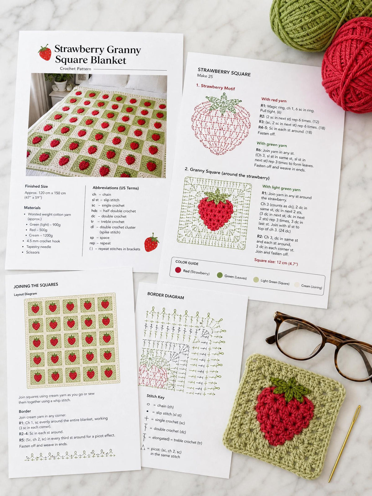 Strawberry Granny Square Blanket Crochet Pattern PDF | Beginner Friendly Puff Stitch