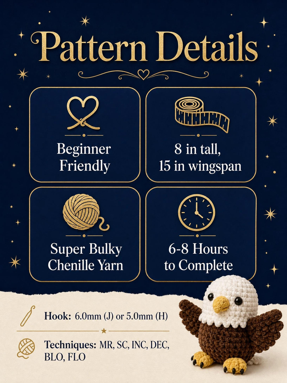 American Eagle Amigurumi Crochet Pattern | Beginner Friendly Bald Eagle Plush (PDF)