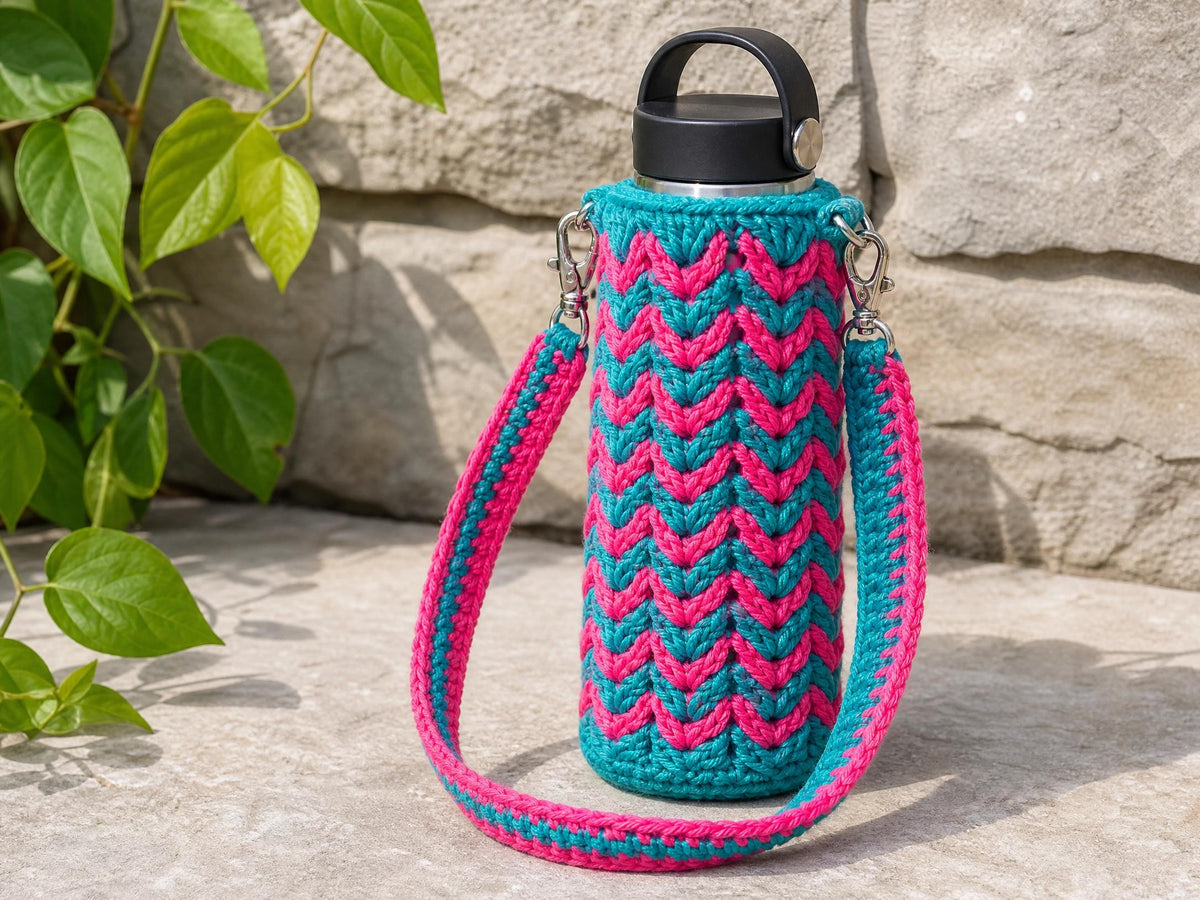 Vibrant Water Bottle Sling Crochet Pattern | Beginner Friendly V-Stitch Carrier (PDF Download)