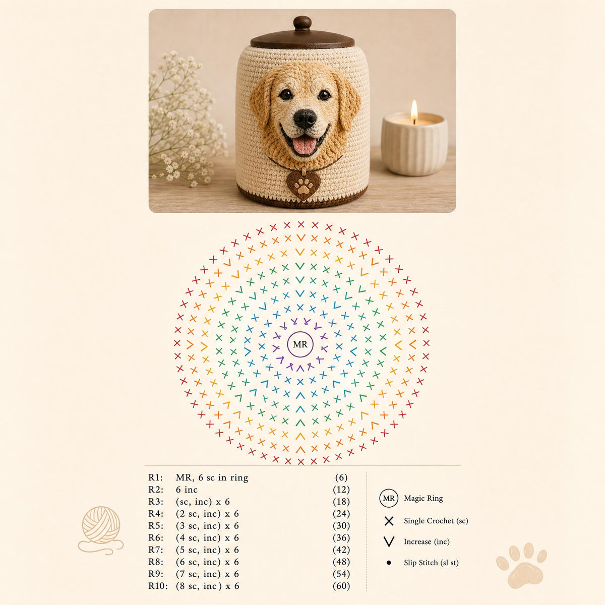 Custom Pet Portrait Urn Cover Crochet Pattern | Yarn Painting Keepsake (PDF Download)