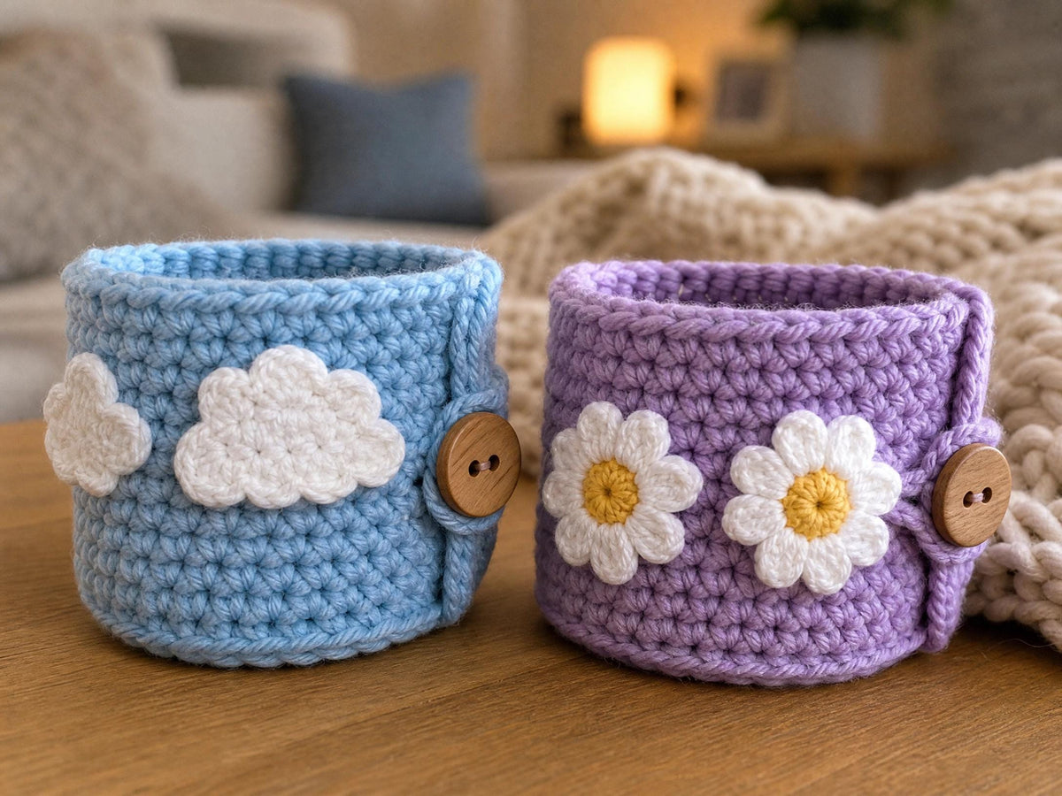 Crochet Cup Cozy Patterns | Heart, Cloud, Daisy, Rainbow, Granny Square Designs (PDF Download)