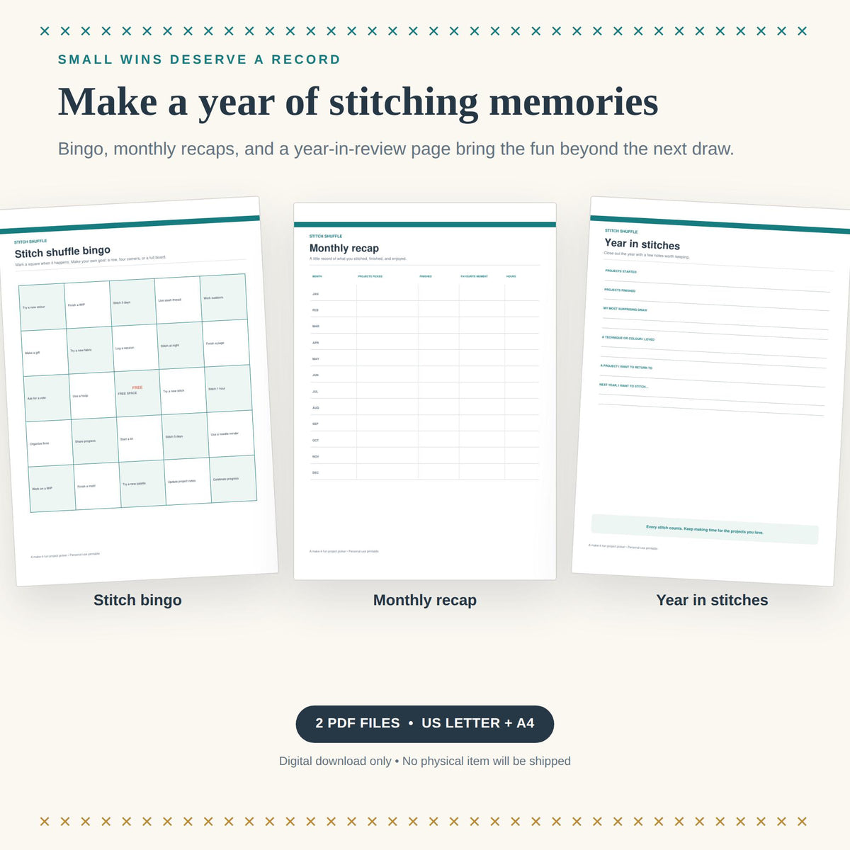 Stitch Shuffle Cross Stitch Project Picker Printable Game: 25 Tokens, Labels, Bingo, Log, US + A4
