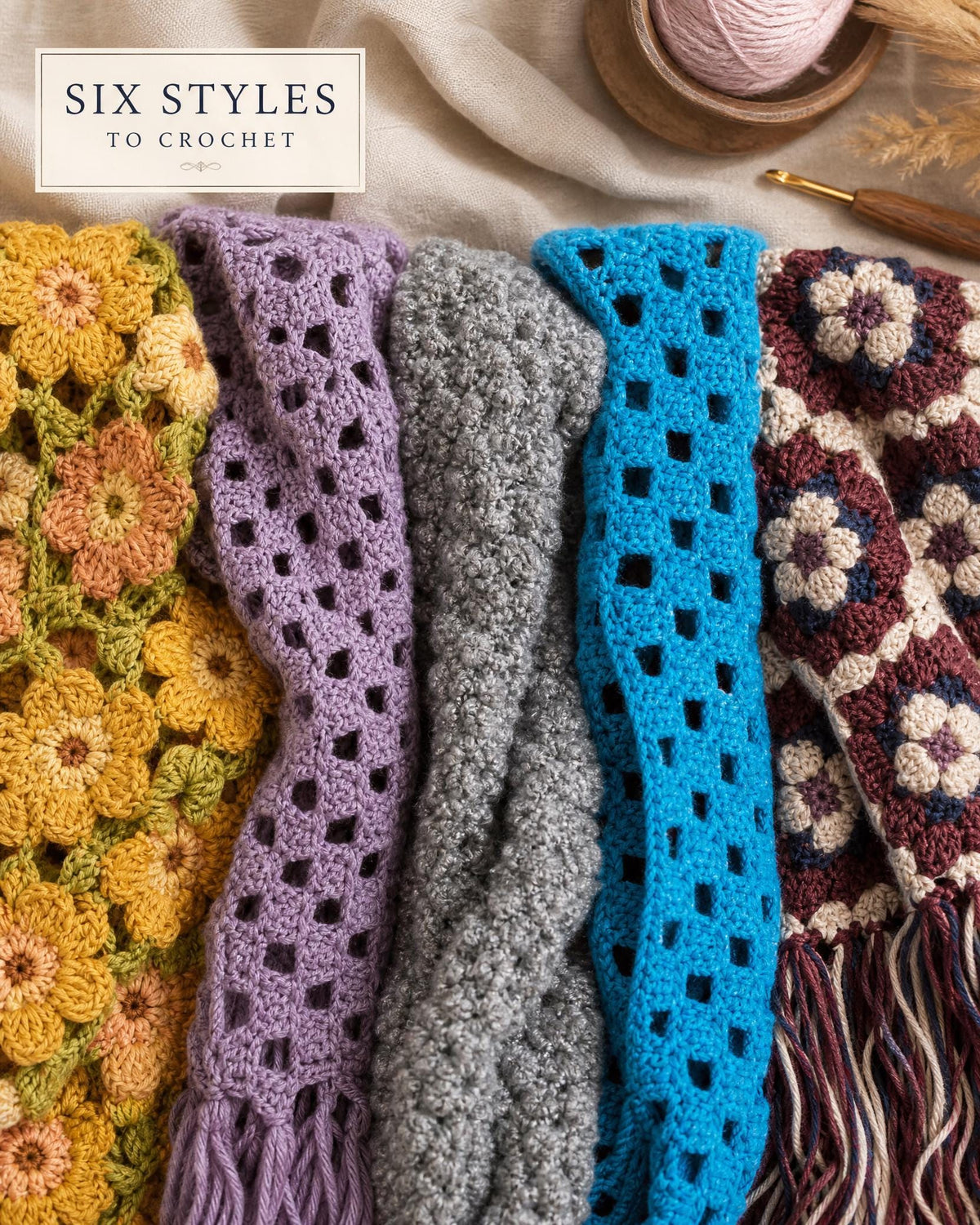 6 Crochet Shawl & Scarf Patterns Bundle, Granny Square Designs (Digital Download)