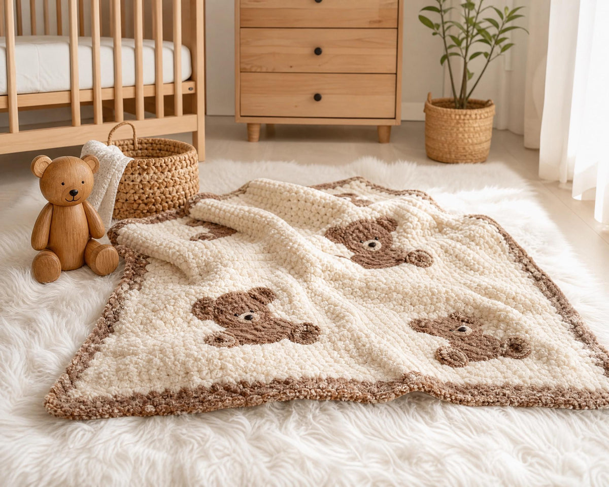 Teddy Bear Crochet Blanket Pattern | Chunky 3D Bear Applique, Baby Afghan (PDF Download)