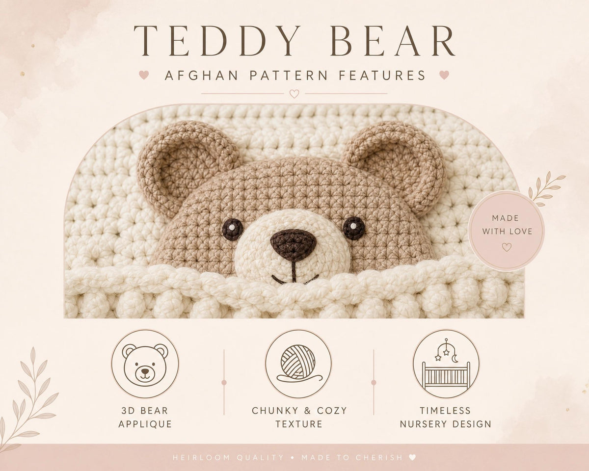Teddy Bear Crochet Blanket Pattern | Chunky 3D Bear Applique, Baby Afghan (PDF Download)