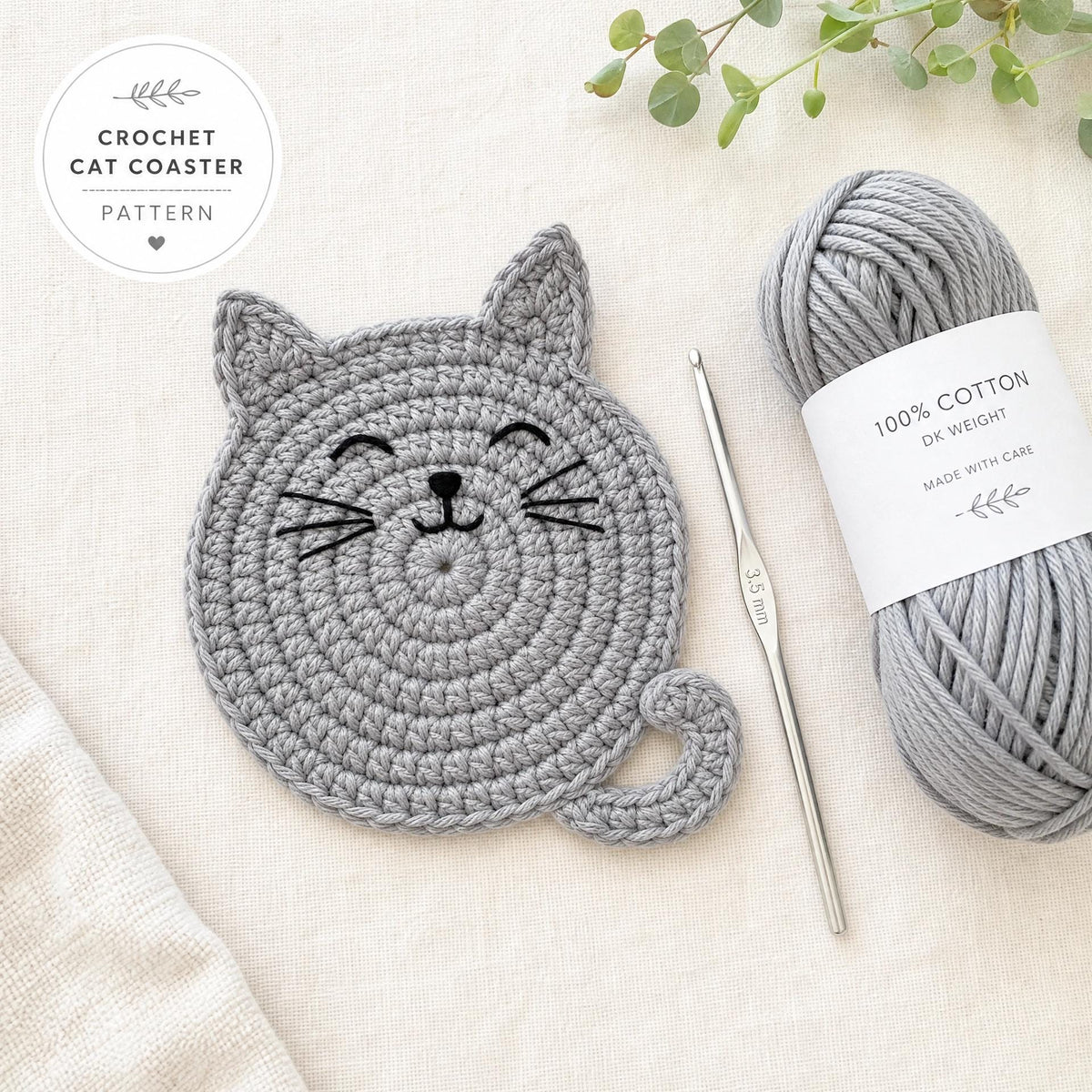 Crochet Kitty Cat Coaster Pattern – Beginner Friendly Mug Rug Design (PDF Download)