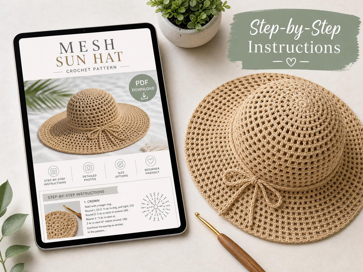 Crochet Sun Hat Pattern | Boho Wide Brim Beach Hat, Beginner DIY (PDF Download)