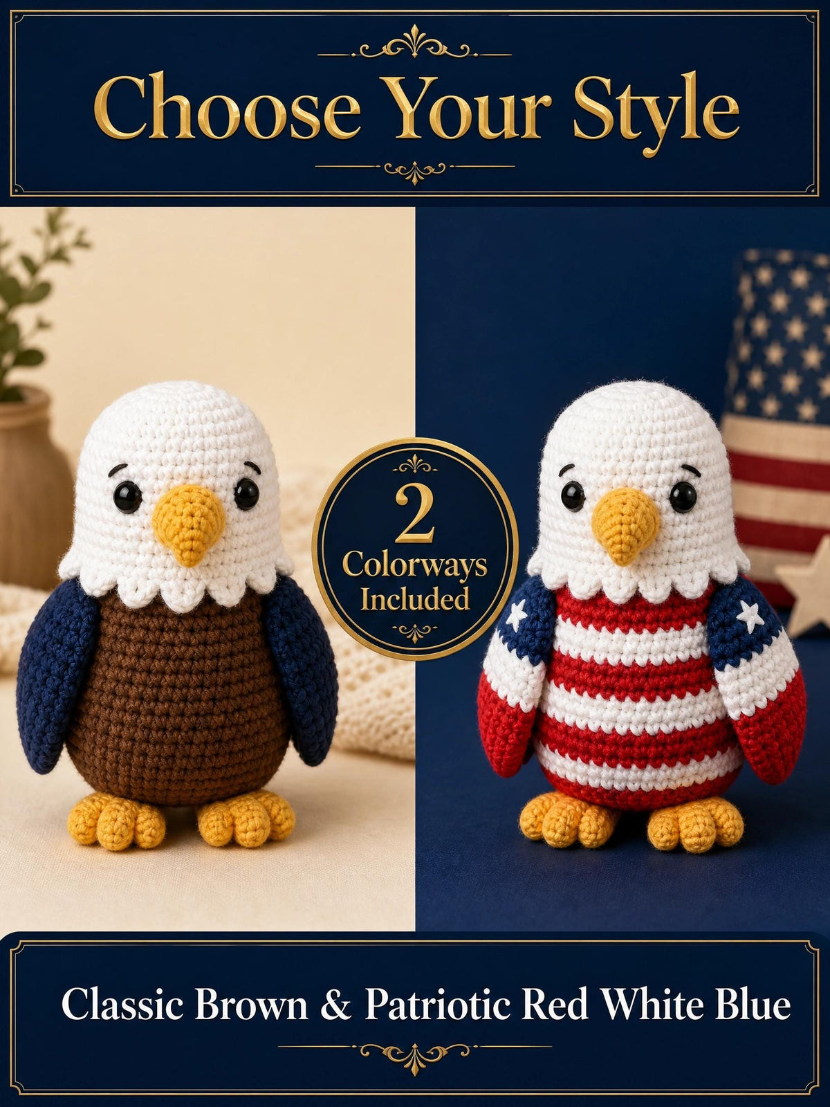 American Eagle Amigurumi Crochet Pattern | Beginner Friendly Bald Eagle Plush (PDF)