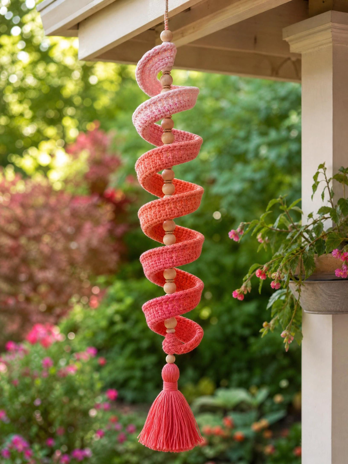 Beginner Crochet Pattern – Garden Spiral Wind Mobile with Beads, Tassel (PDF Tutorial)