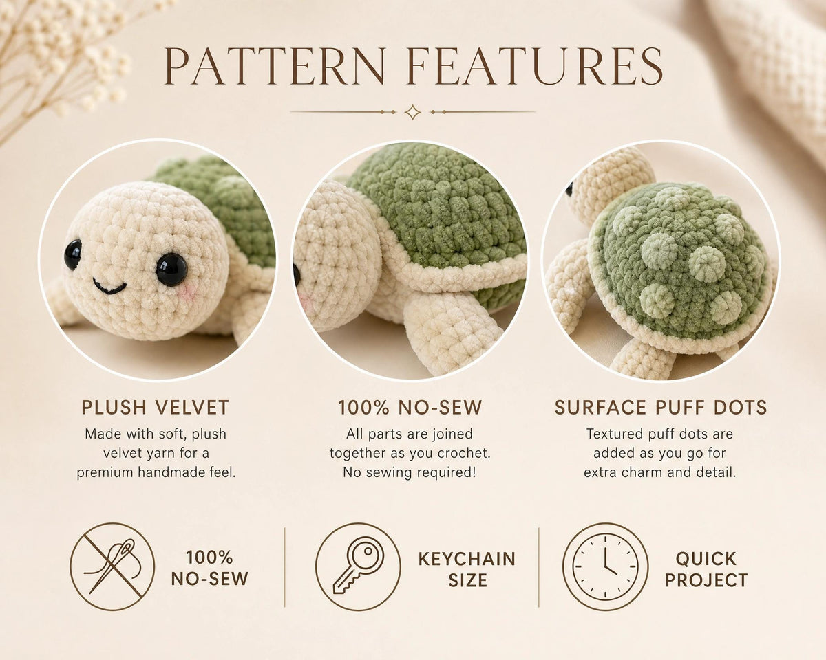 No Sew Mini Turtle Crochet Pattern PDF | Amigurumi Keychain | Velvet Yarn Plushie | Instant Download