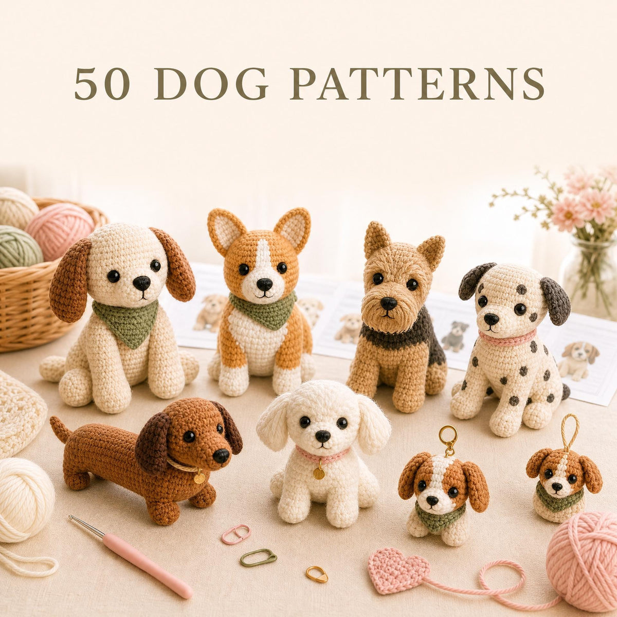 50 Dog Amigurumi Crochet Patterns, Puppy Toys, Keychains, Ornaments (Digital Download)