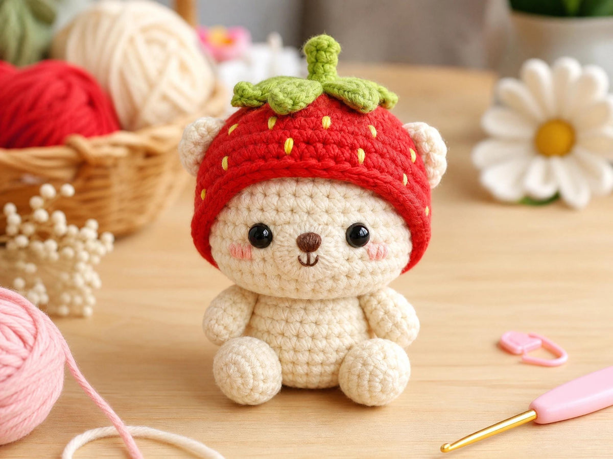 Strawberry Bear Crochet Pattern | Amigurumi Bag Charm Tutorial (PDF Download)