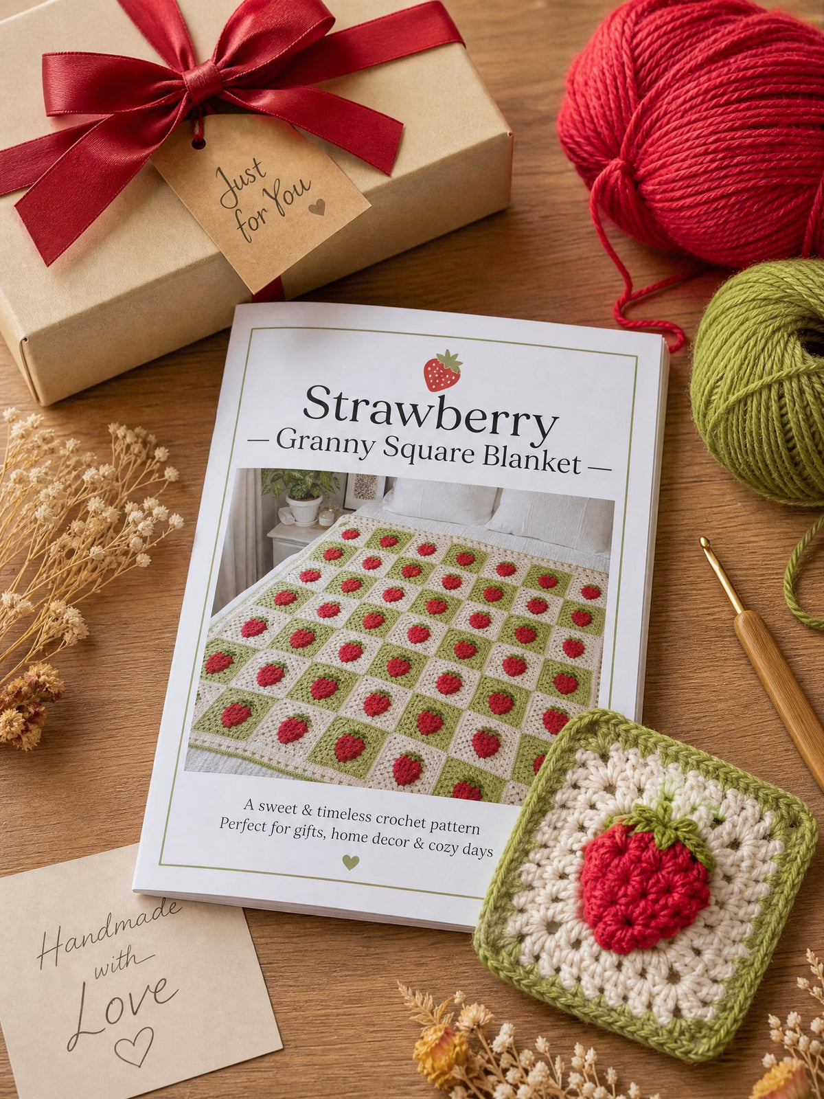 Strawberry Granny Square Blanket Crochet Pattern PDF | Beginner Friendly Puff Stitch