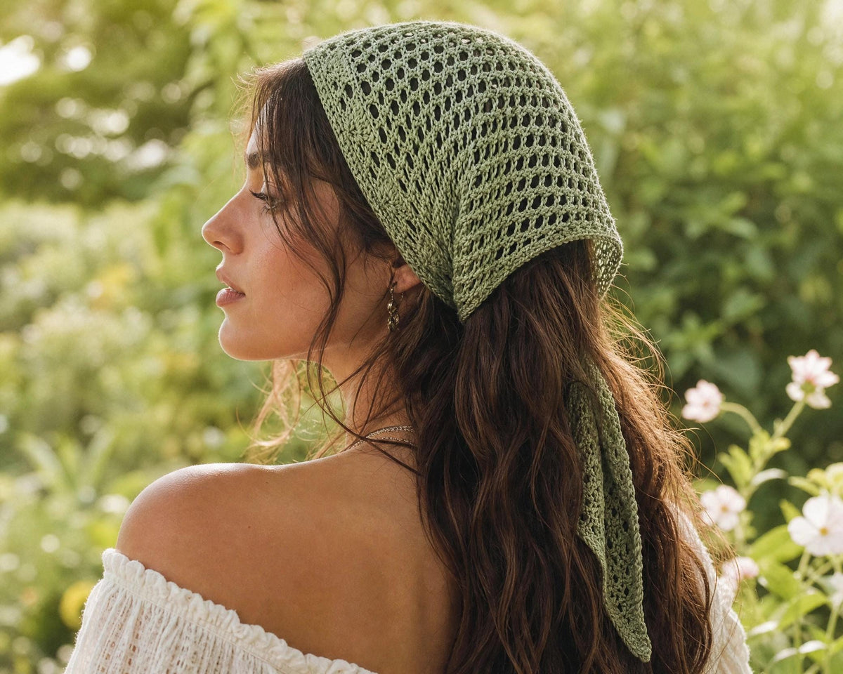 Boho Crochet Head Scarf Pattern PDF | Easy Mesh Bandana Pattern | Chunky Yarn Triangle Scarf | Instant Download