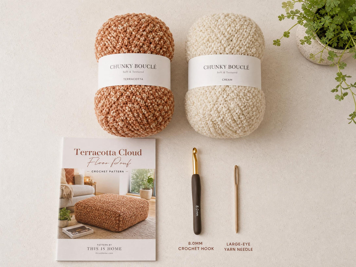 Terracotta Cloud Floor Pouf Crochet Pattern | Beginner Bouclé Home Decor (PDF Download)