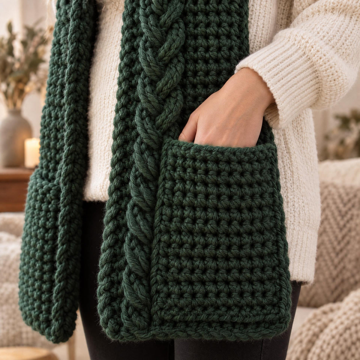Evergreen Cable Hooded Scarf Pattern: Crochet PDF for Adults