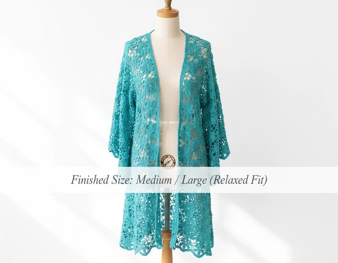 Turquoise Floral Crochet Cover-Up Pattern - Lace Beach Kimono PDF - Confident Beginner Instant Download