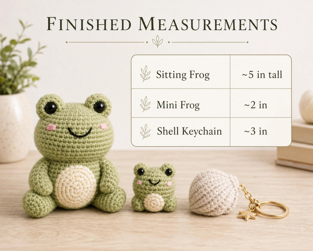 Beginner Crochet Frog Pattern PDF, Sitting Frog, Mini Keychain, Shell Charm (Digital Download)