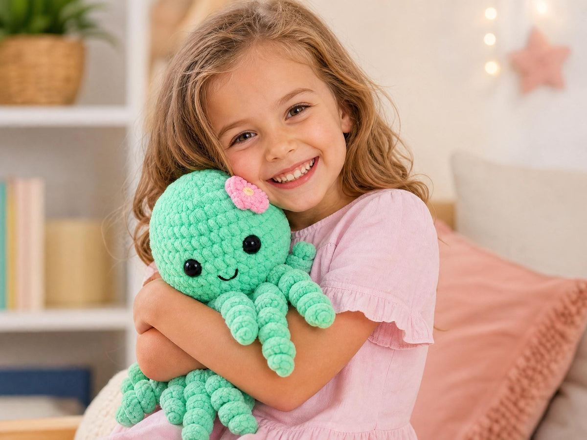 Curly Octopus No-Sew Crochet Pattern | Beginner Amigurumi | Plush Chenille Yarn | Instant Download PDF