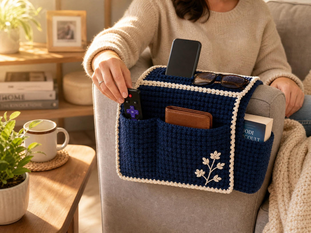 Crochet Armrest Caddy Pattern | Sofa Organizer, Navy Blue, Intermediate PDF