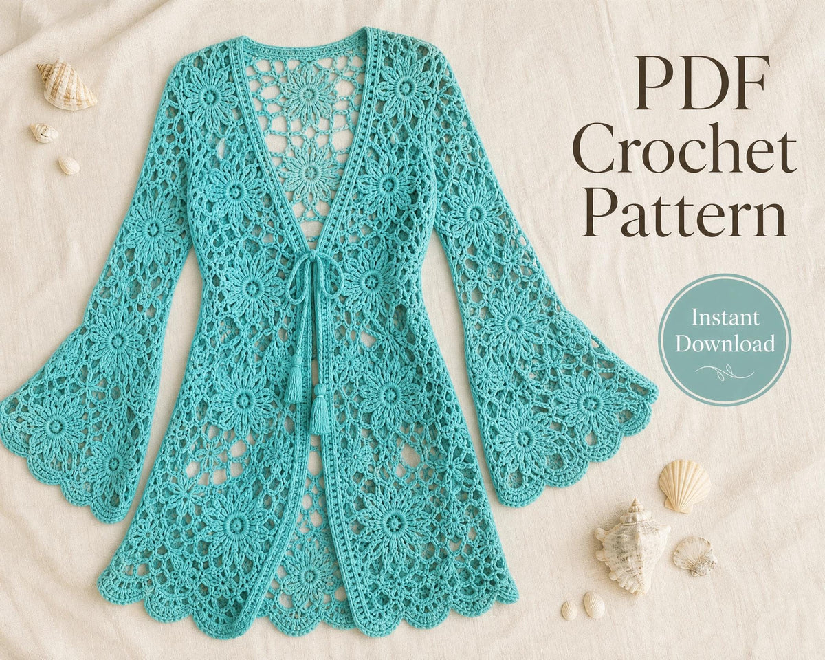 Turquoise Floral Crochet Cover-Up Pattern - Lace Beach Kimono PDF - Confident Beginner Instant Download