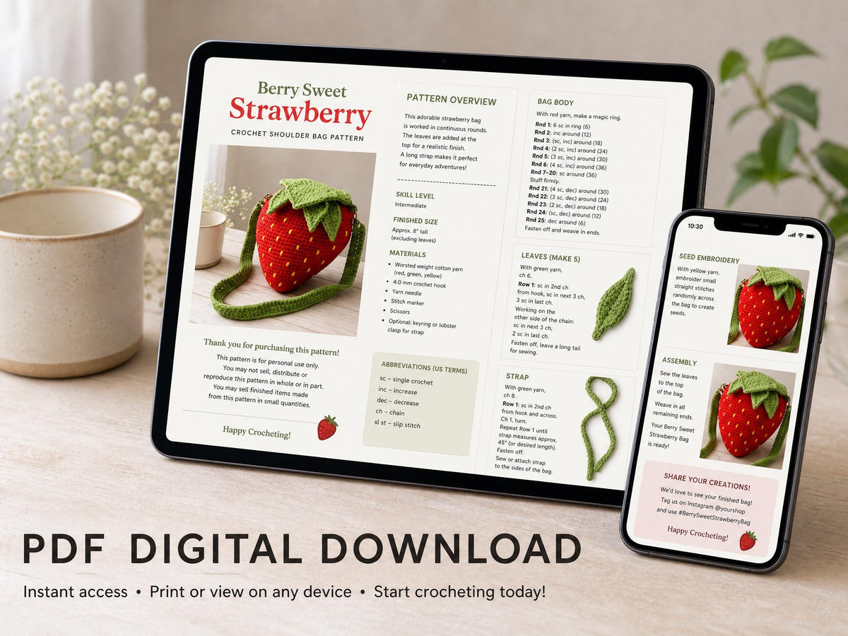 Crochet Strawberry Bag Pattern – 3D Fruit Purse Tutorial (PDF Download)